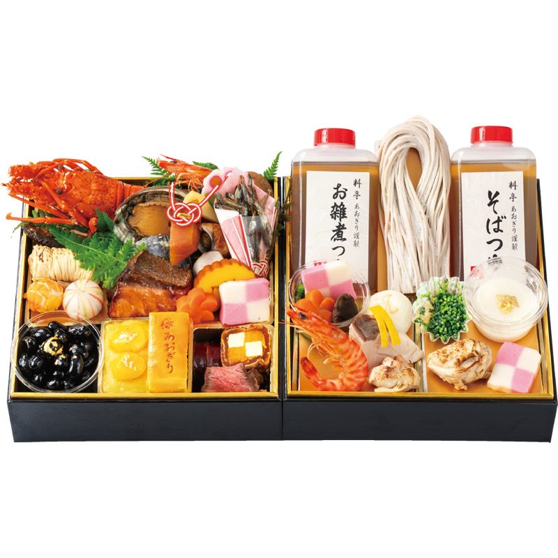 料亭 あおぎり 筑豊懐石おせち「珠玉」一段重と筑豊懐石雑煮・十割蕎麦《おひとりさまセット》