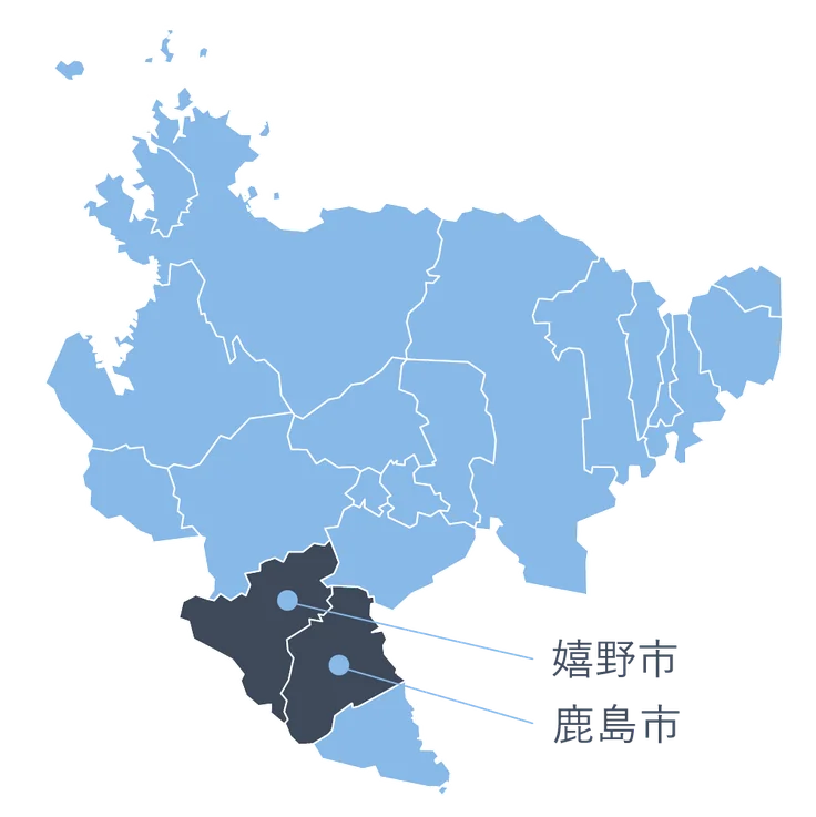 佐賀県地図。嬉野市と鹿島市を示している